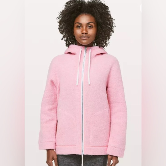 Lululemon Women’s So Sherpa Pink Hooded‎ Jacket Wool Blend Sz 10 Spring - Picture 1 of 16